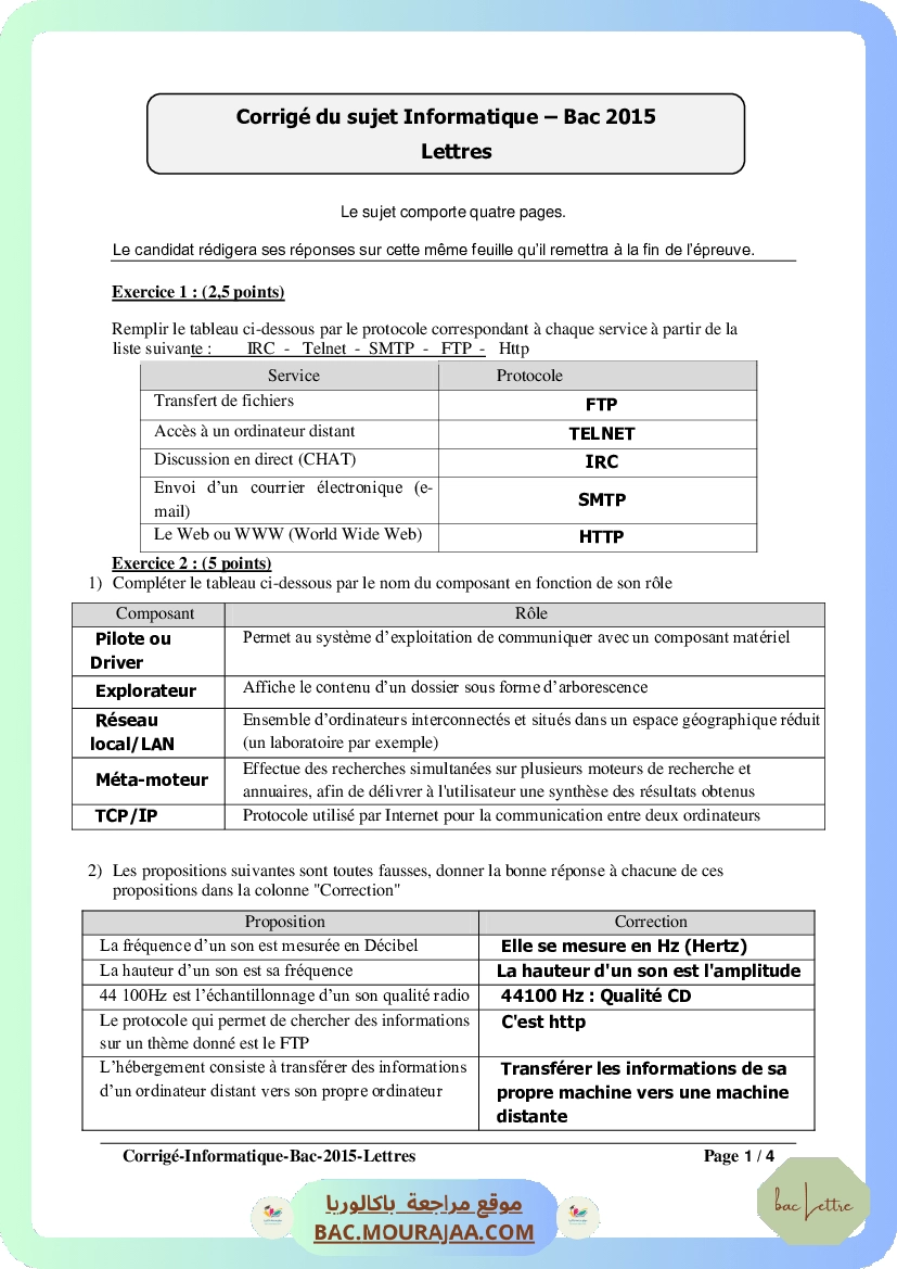 Corrigé principale info Bac 2015 – Section lettre